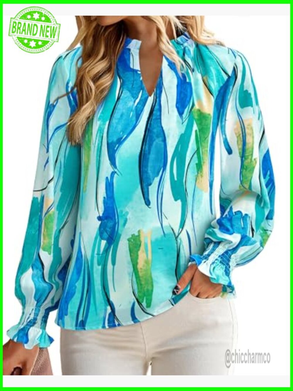 V Neck Floral Long Sleeve Puff Sleeve Chiffon Blouse Dressy Work Top - Picture 5 of 7